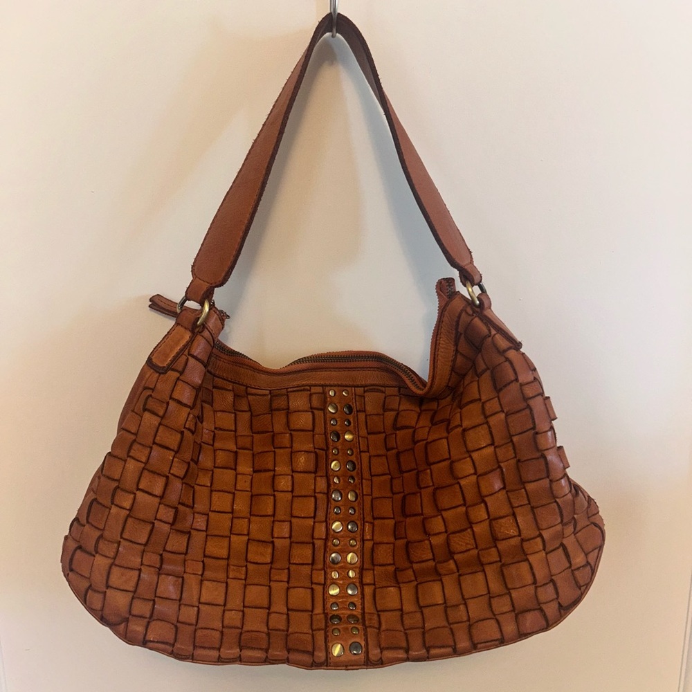 Elegant Tan Woven Genuine Leather Shoulder Bag